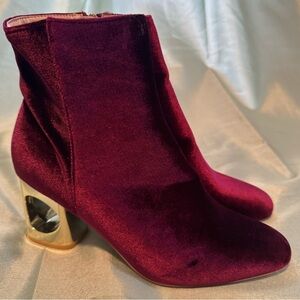 Burgundy Wine Velvet Booties with Gold Cutout Block Heel